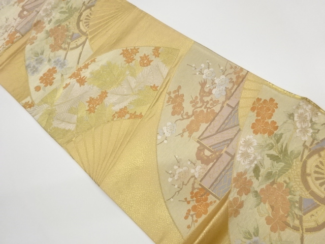 リサイクル　扇に花車・紅葉・枝梅模様織出し袋帯